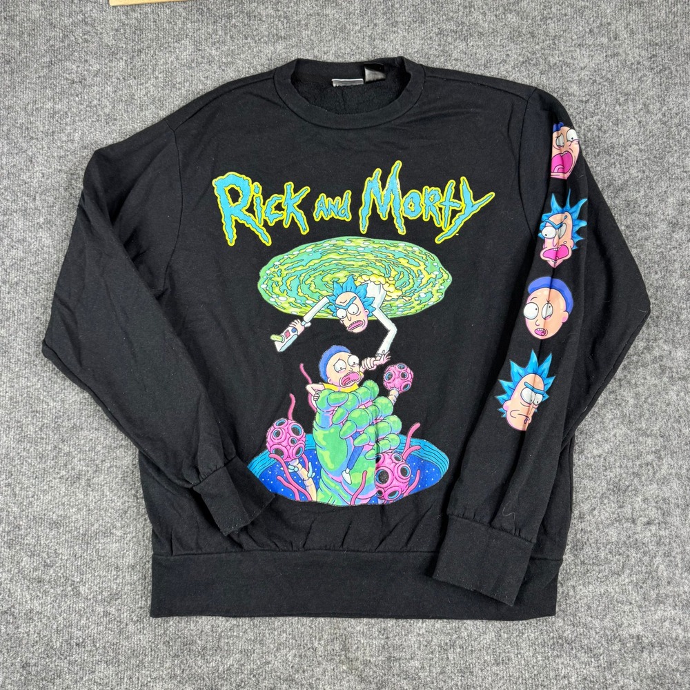Rick and Morty Sweatshirt Mens Size Small Black Graphic Portal Sleeve Print Mad